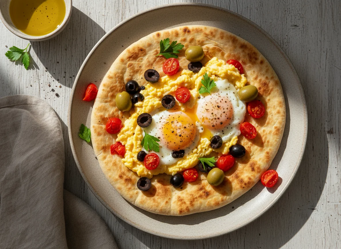 Лаваш с яичницей, помидорами и оливками photo