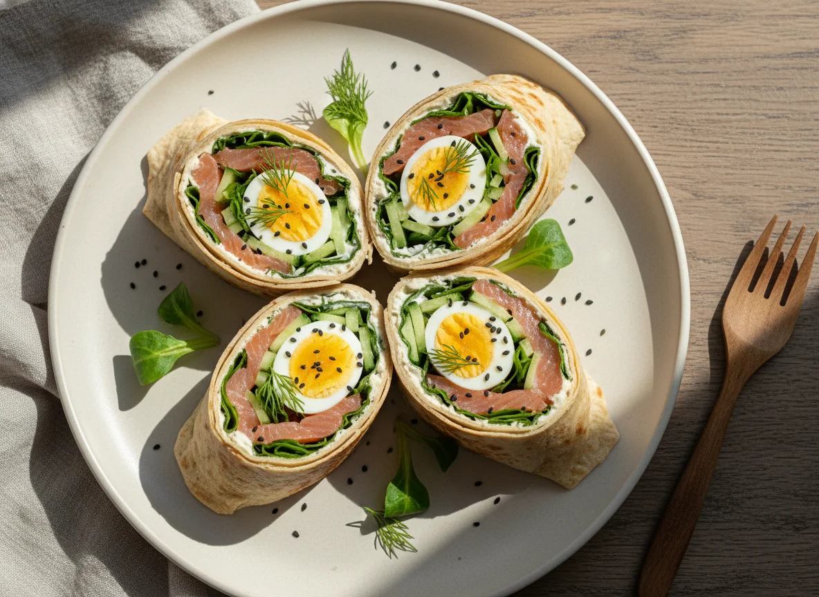Лаваш с лососем, яйцом и овощами photo