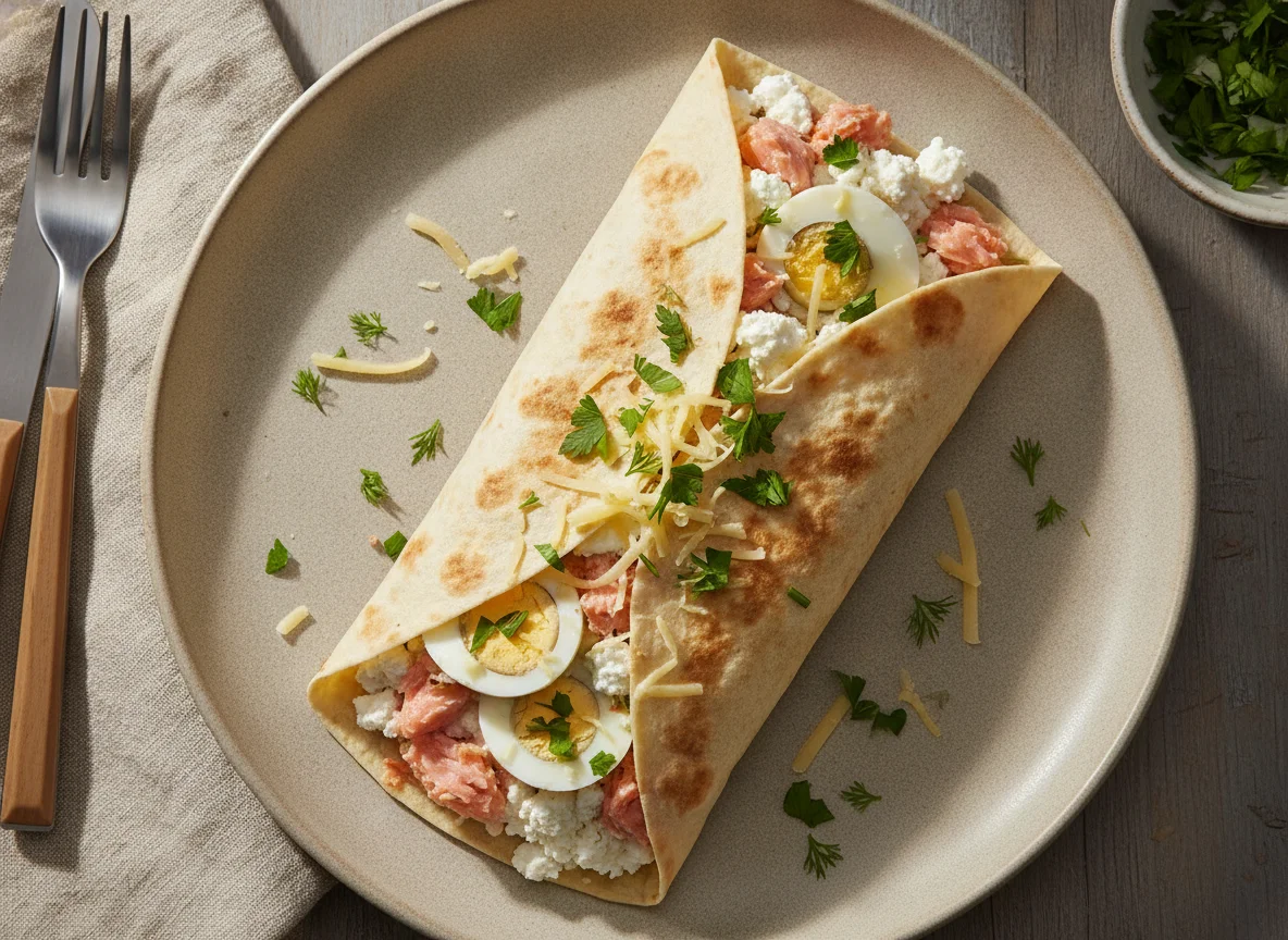 Лаваш с творогом, горбушей, яйцом и сыром photo