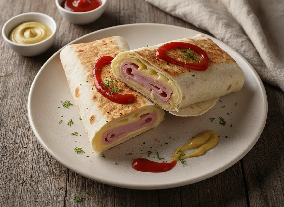 Лаваш с ветчиной, сыром и соусами photo