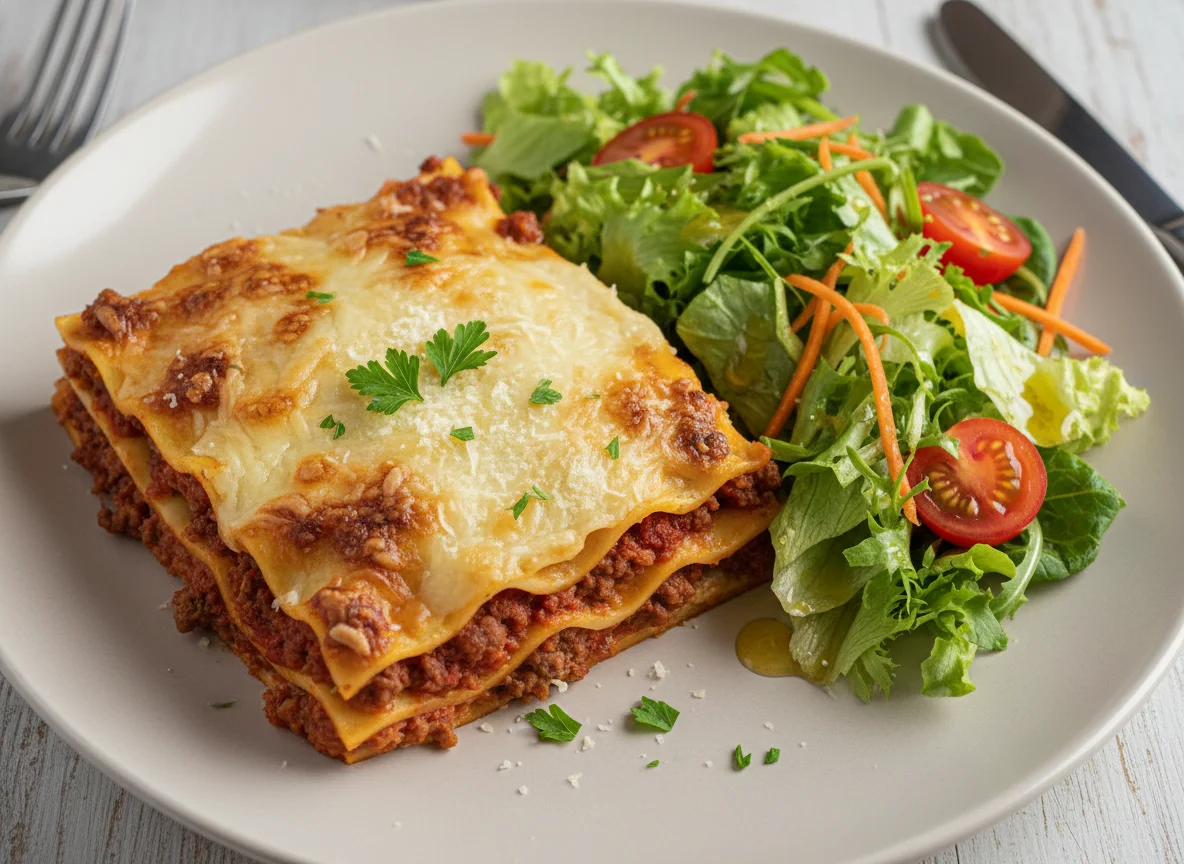 Лазанья с мясным фаршем и салат photo