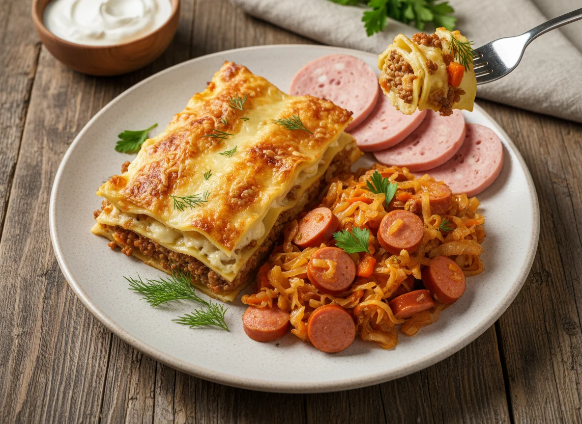 Лазанья с тушеной капустой и колбасой photo