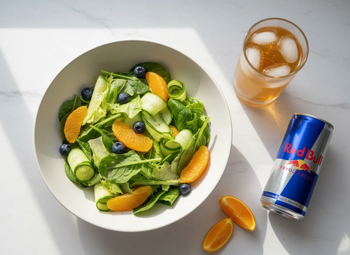 Легкий салат с фруктами и энергетическим напитком photo