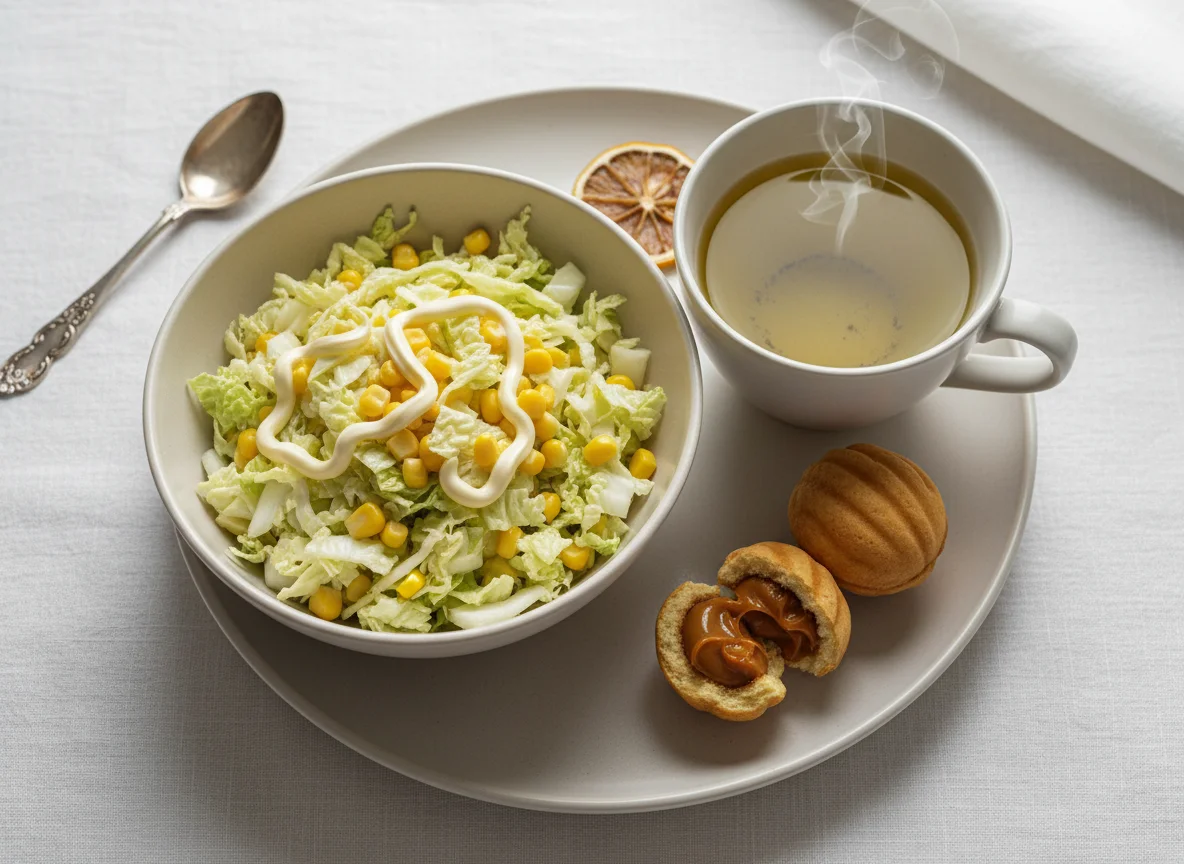 Легкий ужин с салатом, чаем и печеньем photo