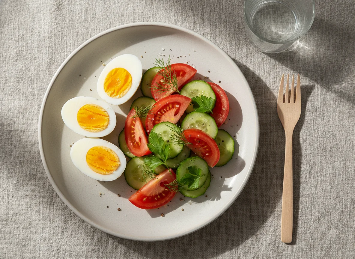 Легкий завтрак с яйцами и овощами photo