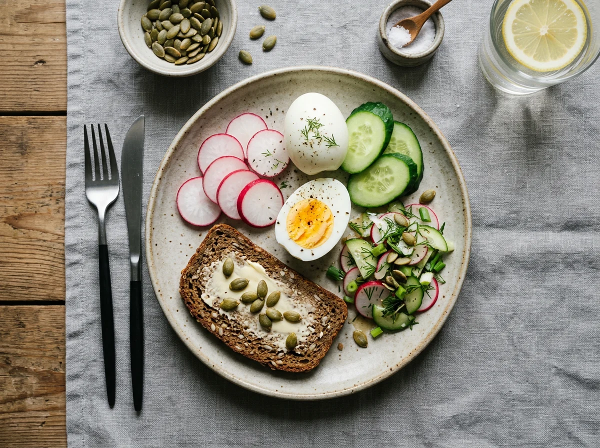 Легкий завтрак с яйцом и овощами photo