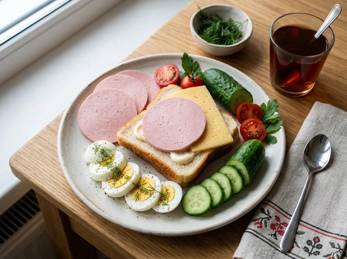 Легкий завтрак с колбасой, сыром и овощами photo