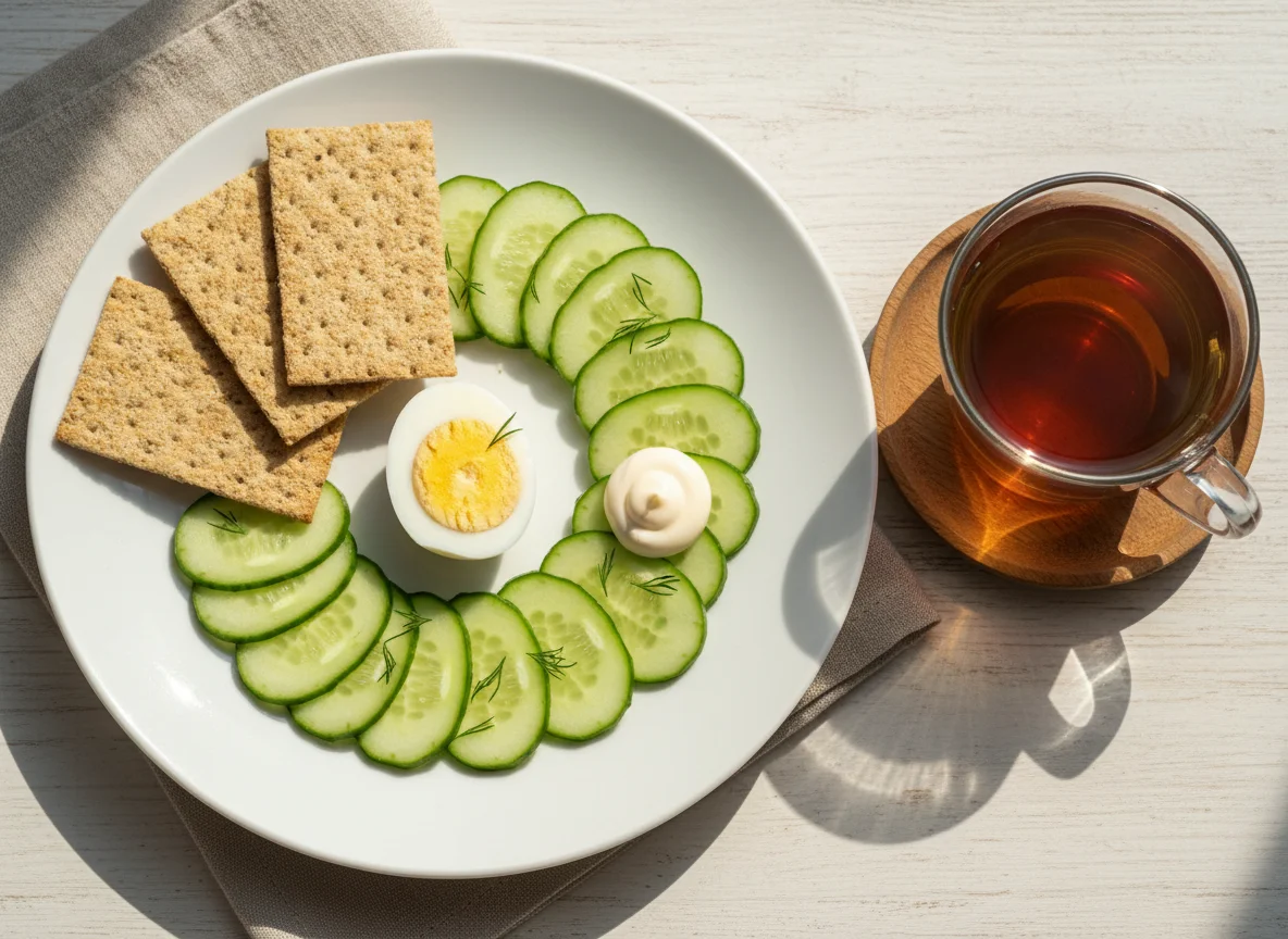 Легкий завтрак с огурцами, яйцом и чаем photo