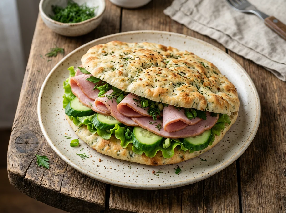 Лепешка с ветчиной и овощами photo