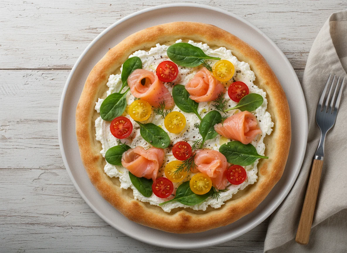 Лепешка со шпинатом, лососем и помидорами photo