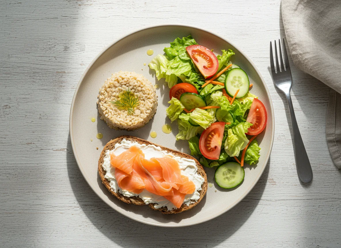 Лосось на хлебе с салатом и овсянкой photo