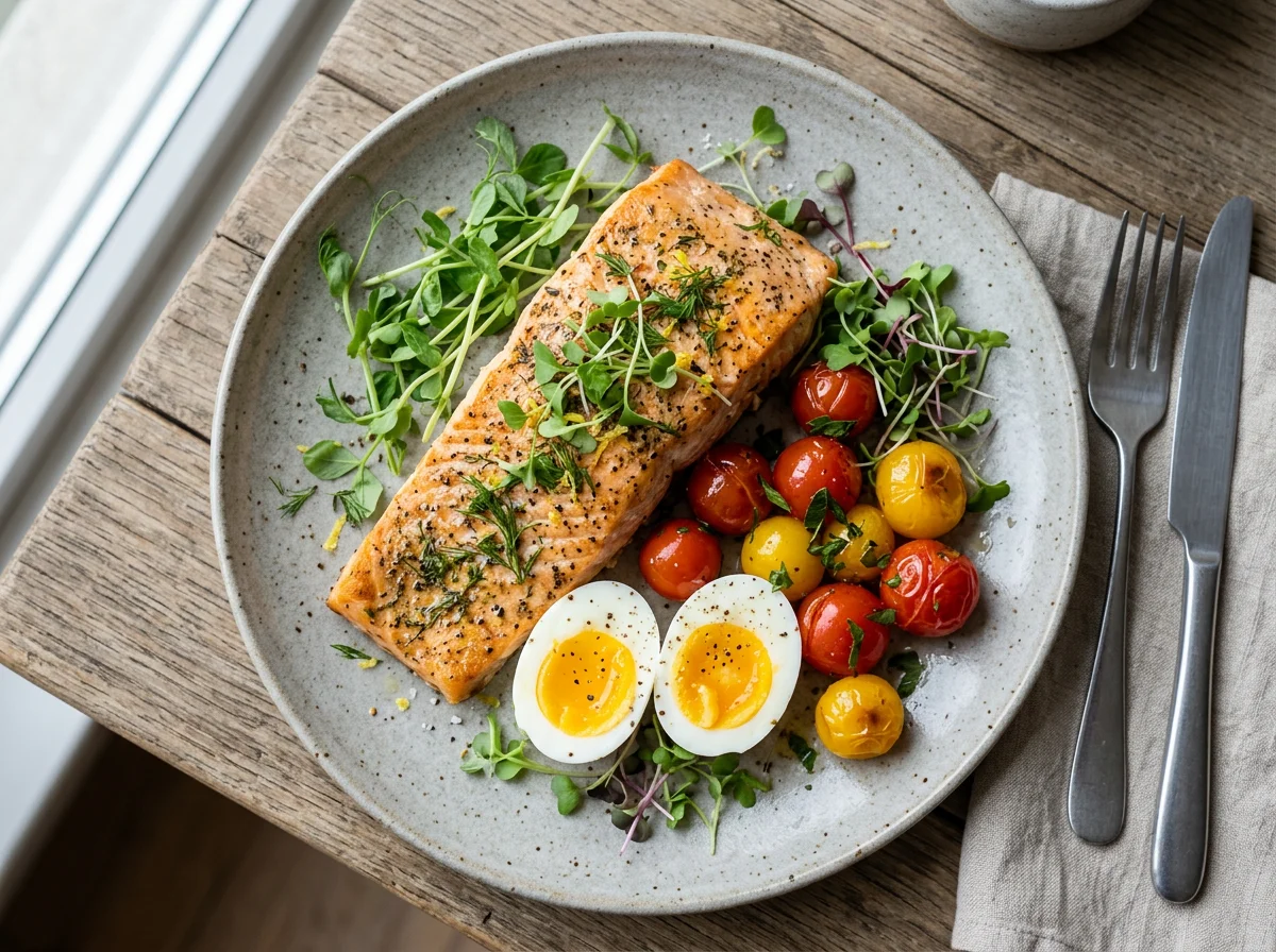 Лосось с яйцами, помидорами и микрозеленью photo