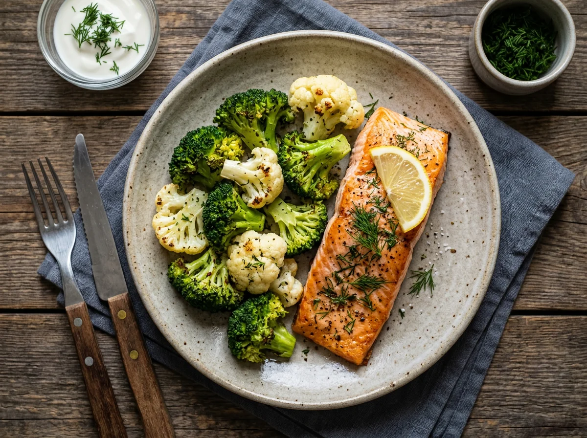 Лосось с брокколи и цветной капустой photo