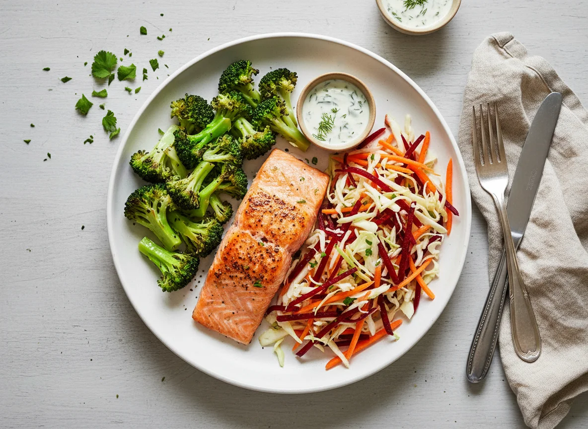 Лосось с брокколи и овощным салатом photo