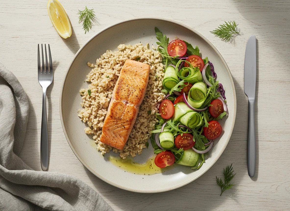 Лосось с бурым рисом и овощным салатом photo