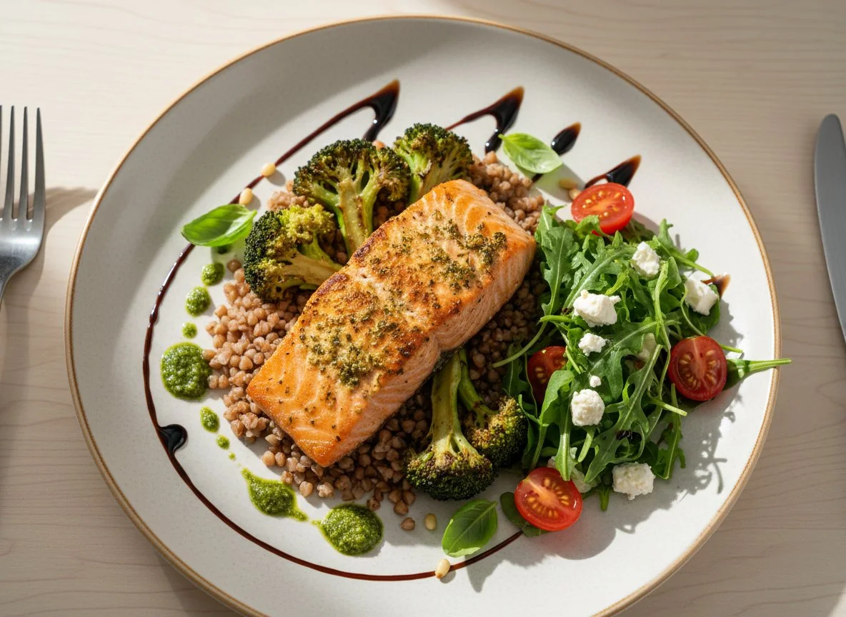 Лосось с гречкой, брокколи и салатом из рукколы photo