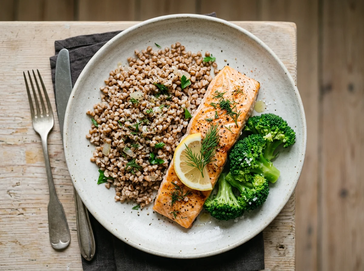 Лосось с гречкой и брокколи photo