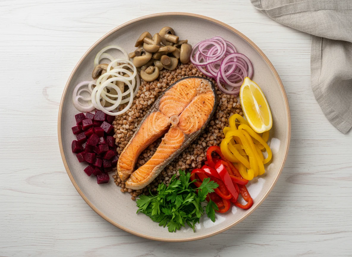 Лосось с гречкой и овощами photo