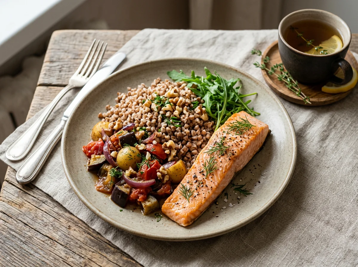 Лосось с гречкой и овощным рагу photo