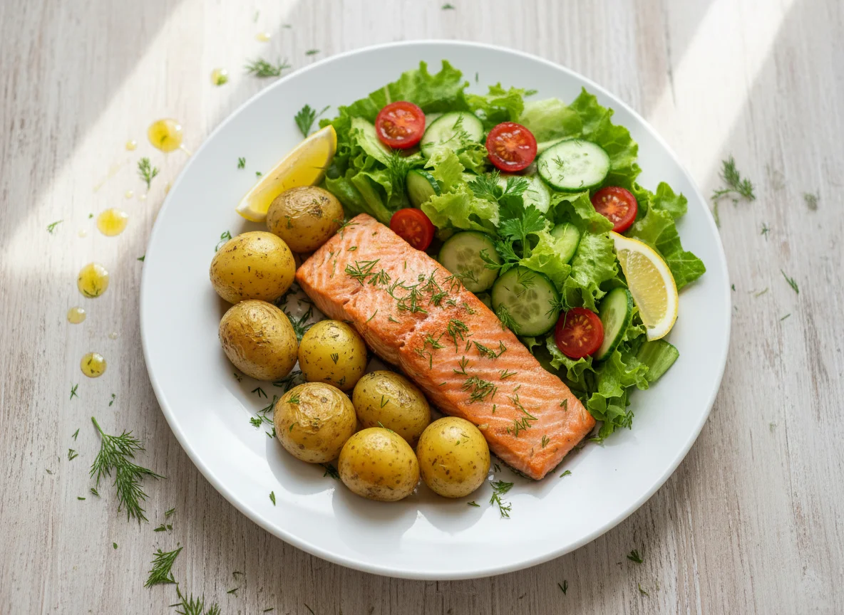 Лосось с картофелем и овощным салатом photo