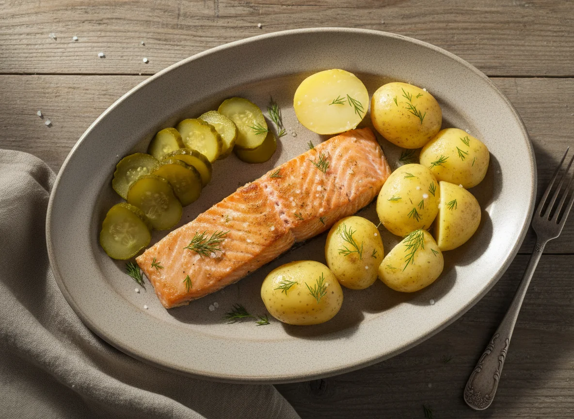 Лосось с картофелем и солеными огурцами photo
