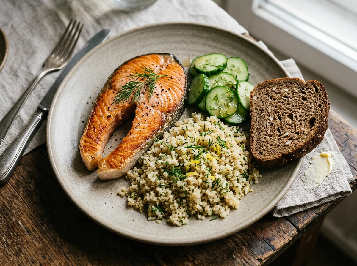 Лосось с киноа, огурцами и хлебом photo
