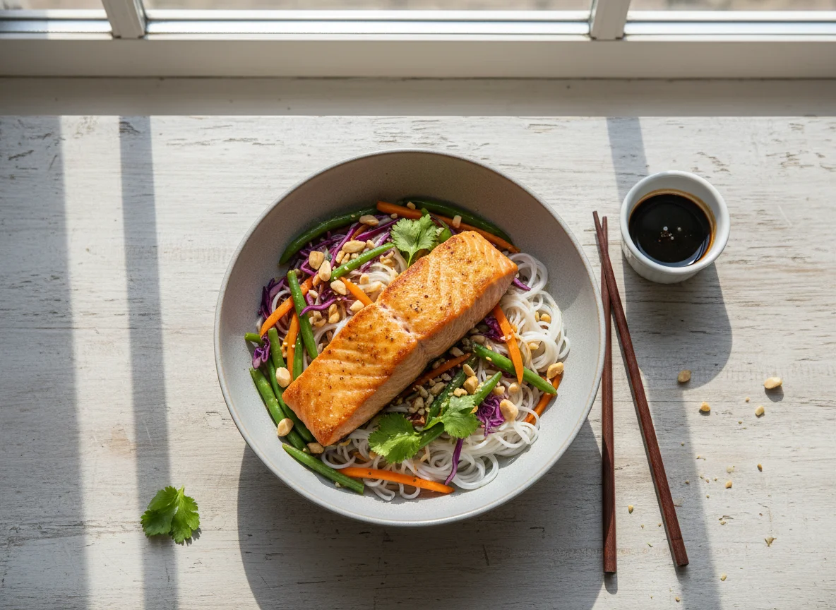 Лосось с лапшой, овощами и арахисом photo