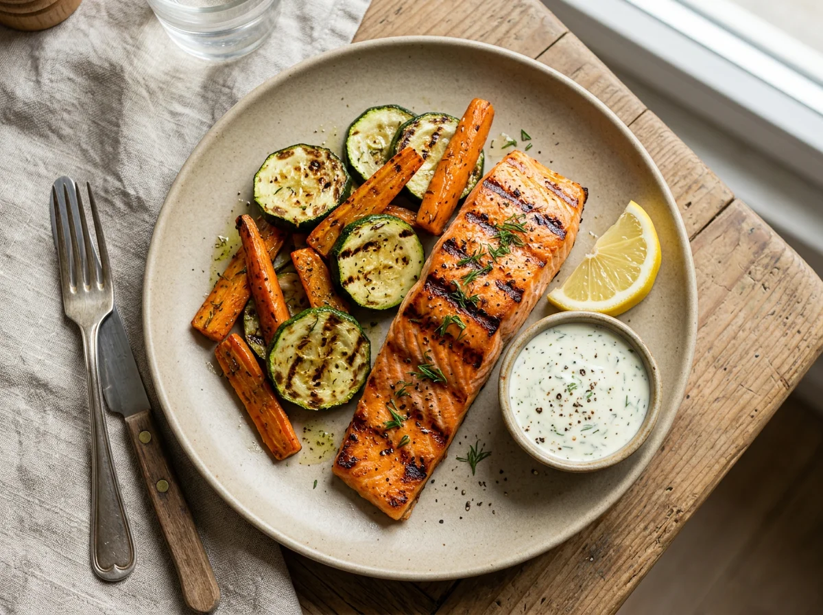 Лосось с овощами гриль и соусом photo