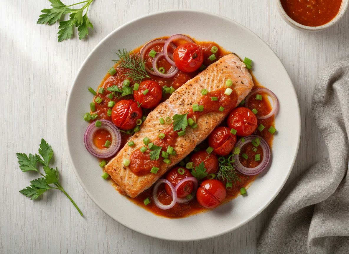 Лосось с овощами и соусом photo