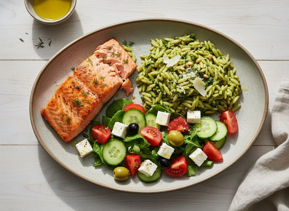 Лосось с пастой песто и греческим салатом photo