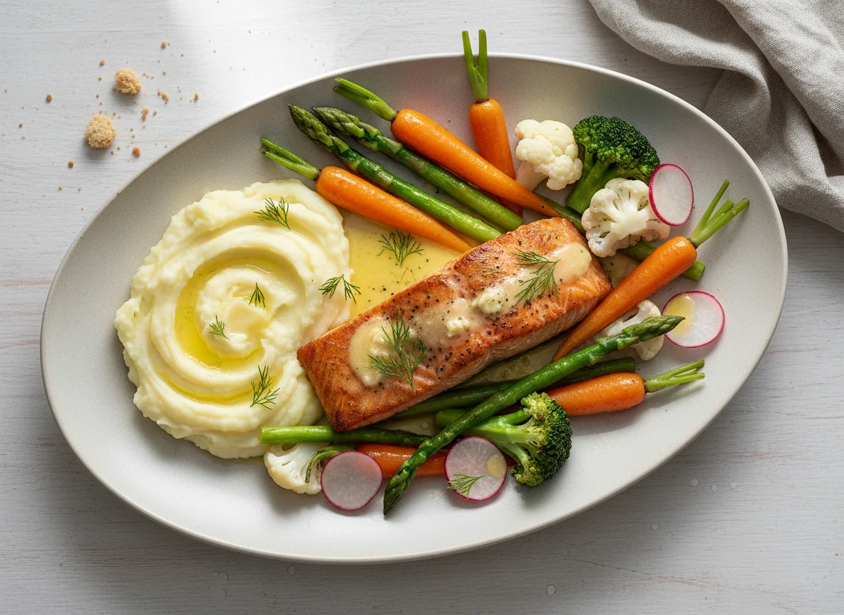 Лосось с пюре и овощами photo