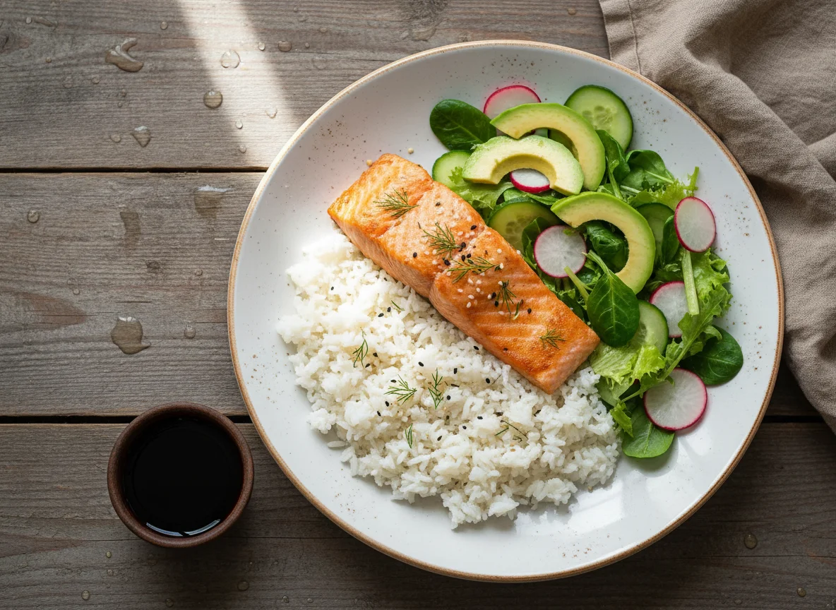 Лосось с рисом и салатом photo