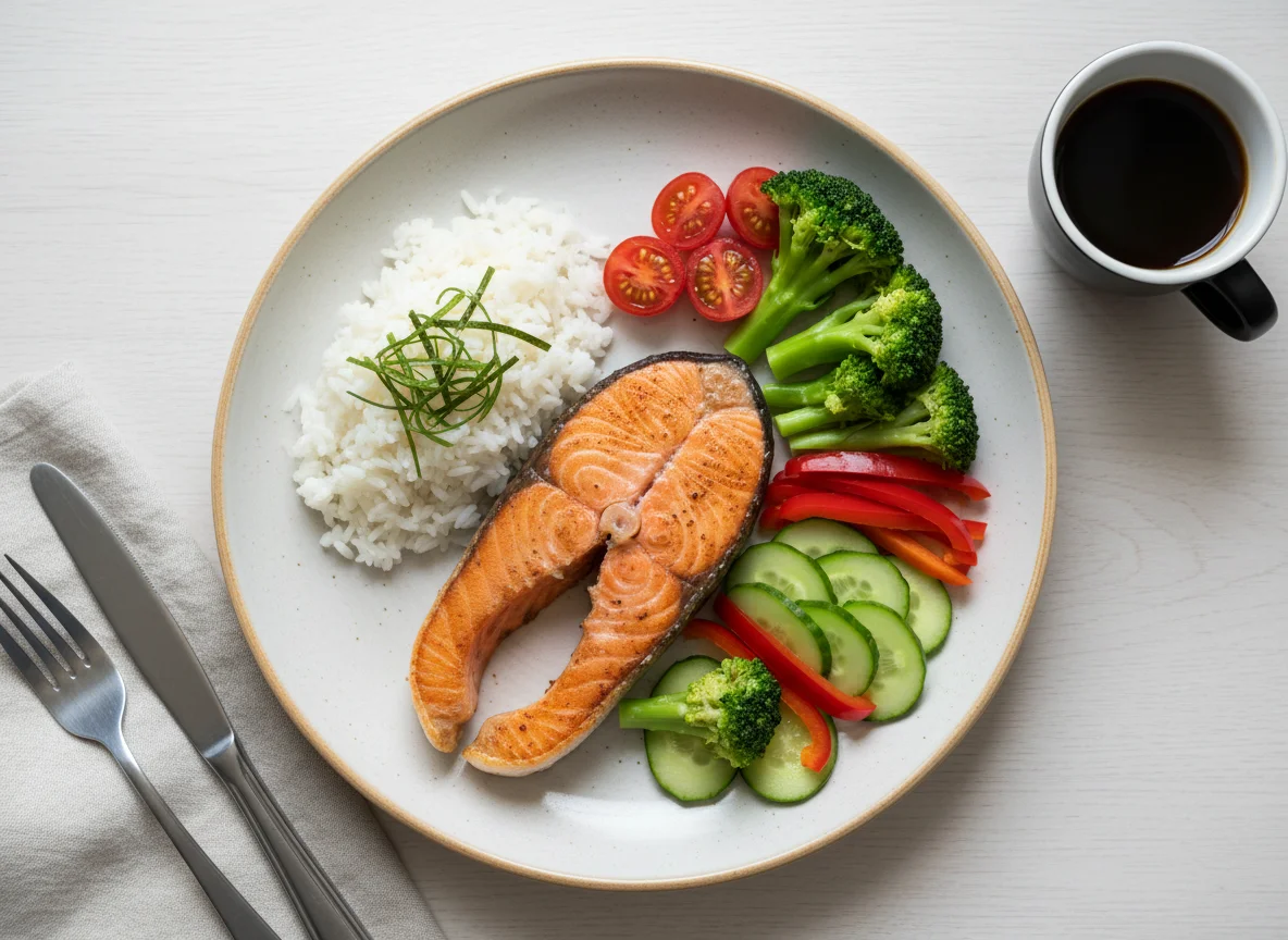 Лосось с рисом, овощами и водорослями нори photo