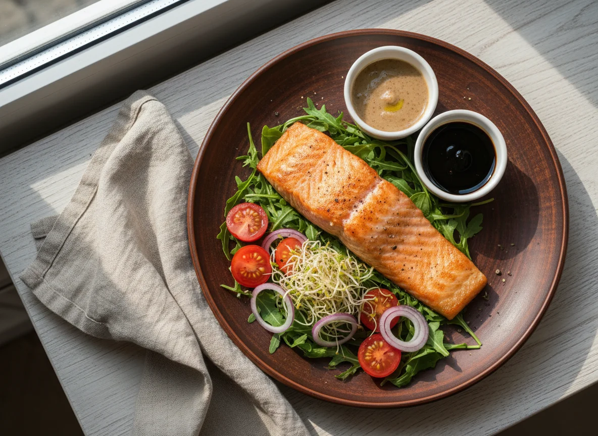 Лосось с салатом и соусами photo