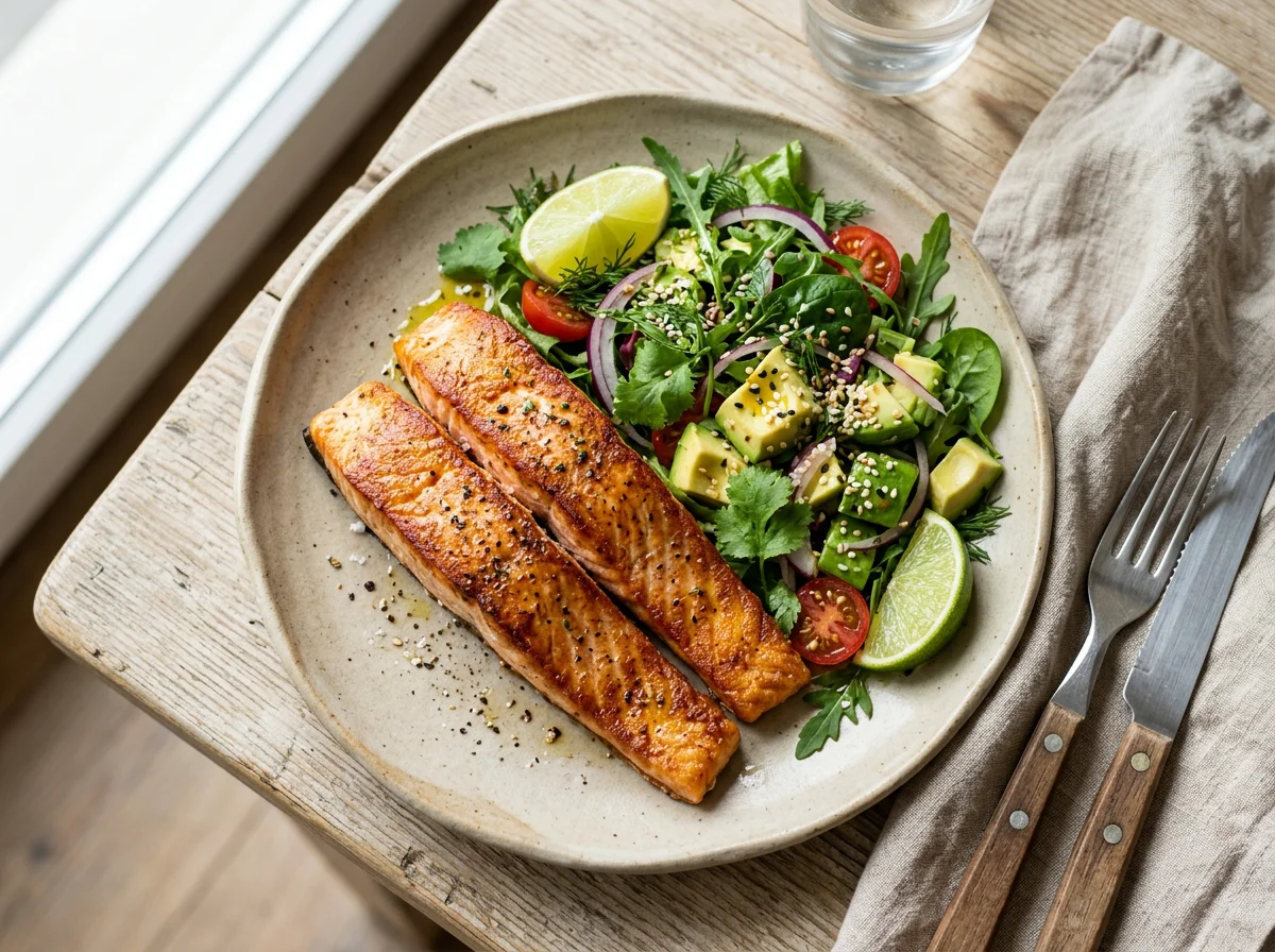 Лосось с салатом из авокадо и лайма photo