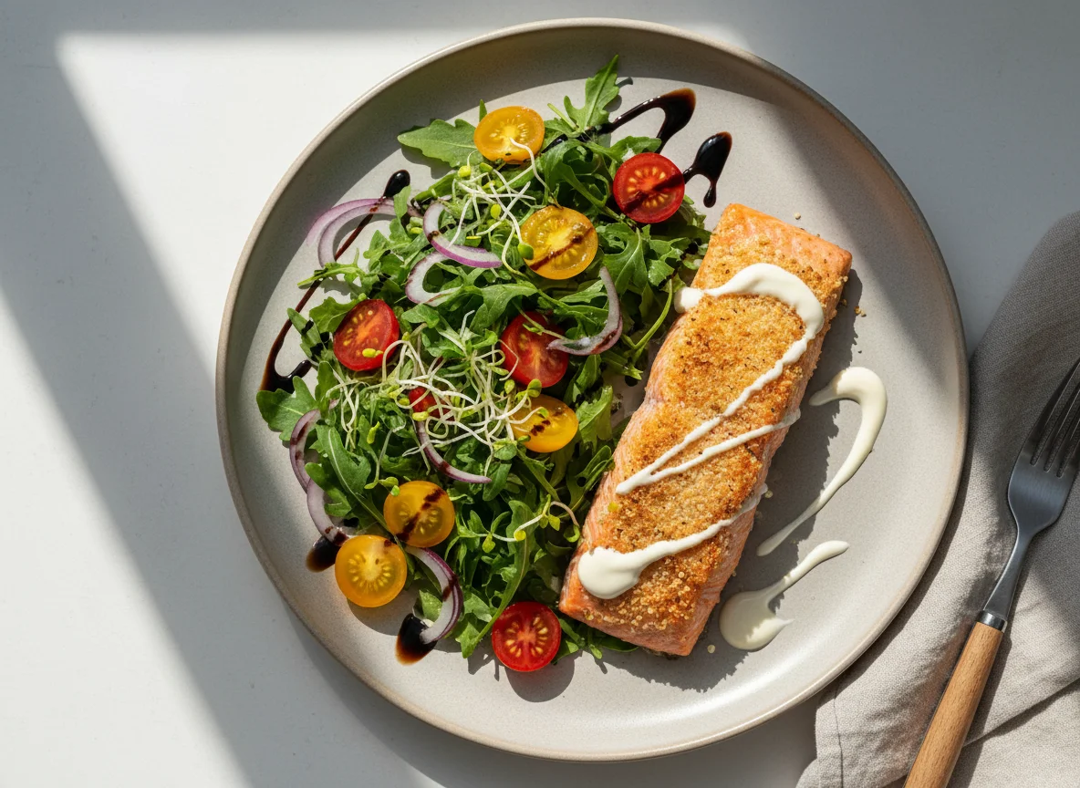 Лосось с салатом из рукколы и томатов photo