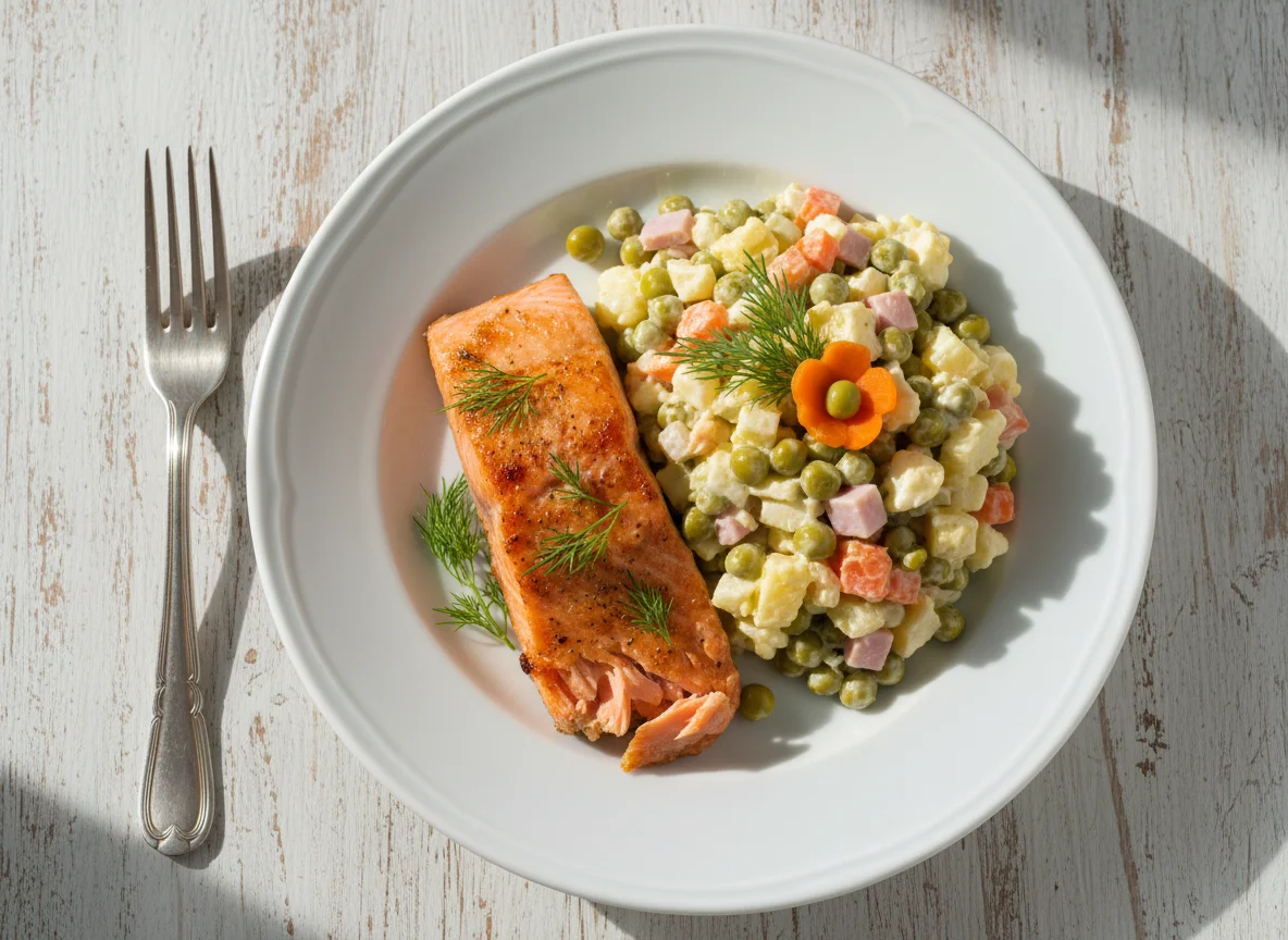 Лосось с салатом Оливье photo