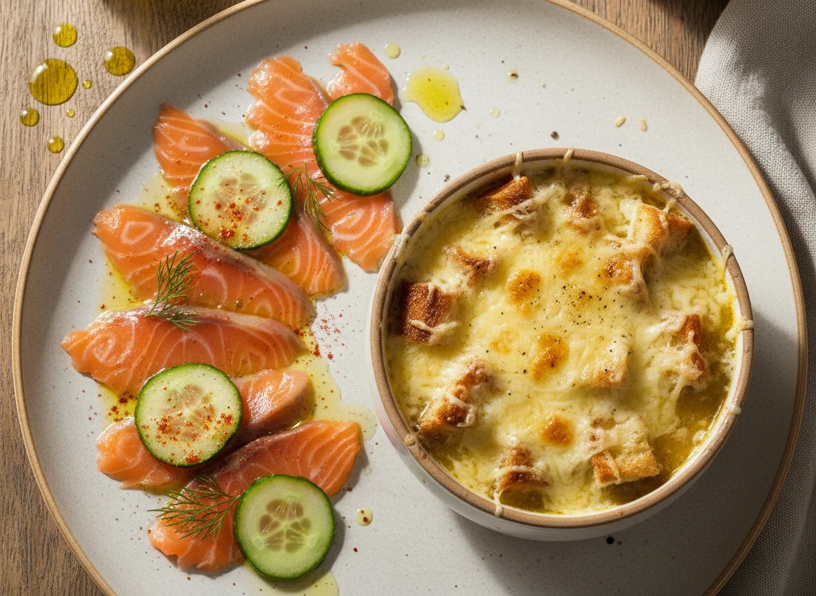 Лососевое карпаччо и луковый суп photo