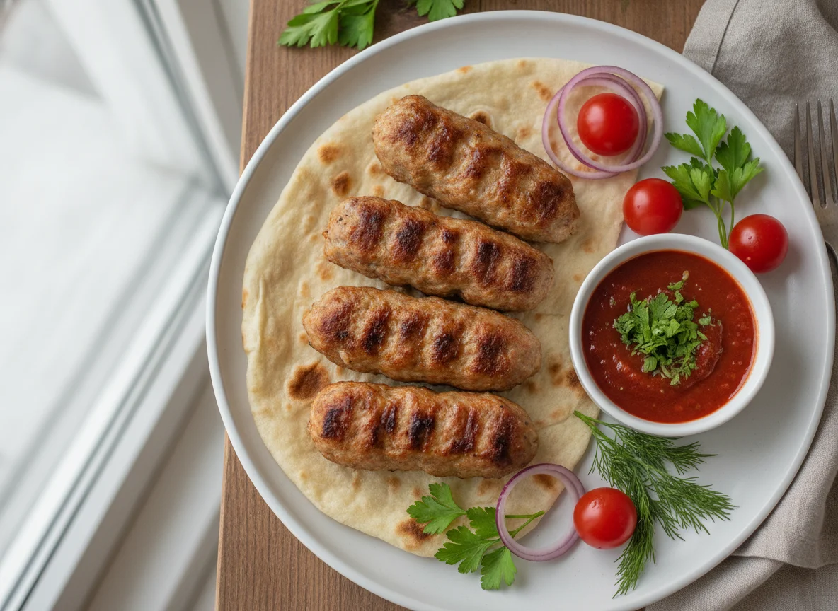 Люля-кебаб из курицы с лавашом и соусом photo
