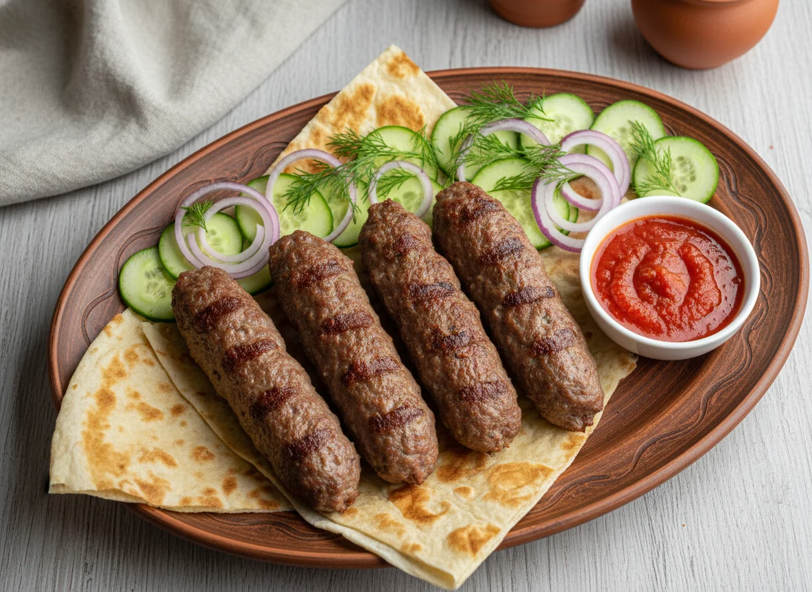 Люля-кебаб с овощами и соусом photo