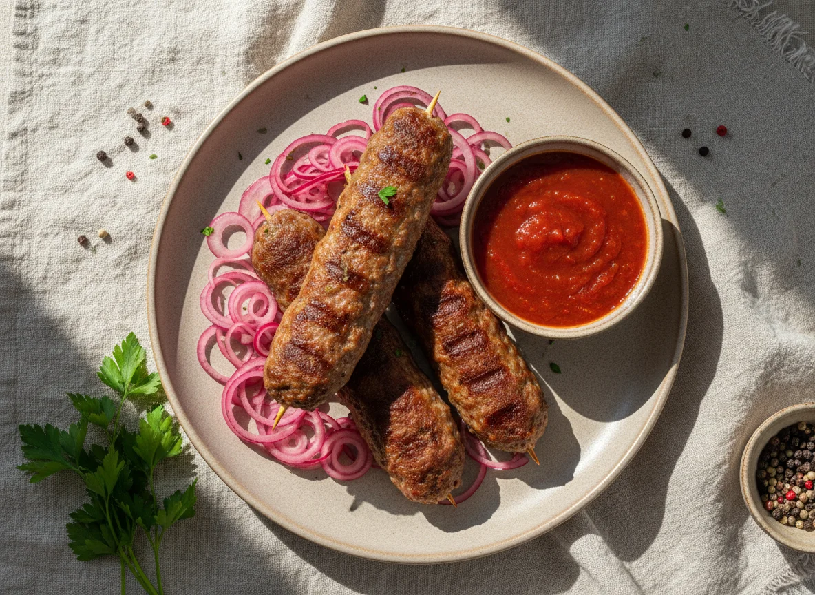 Люля-кебаб с соусом и луком photo