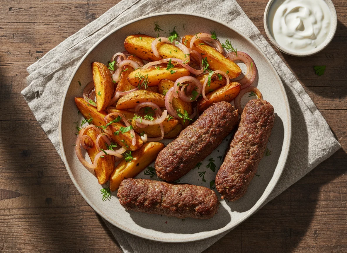 Люля-кебаб с жареным картофелем и луком photo