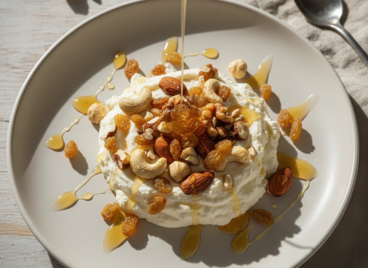 Мягкий творог с орехами, изюмом и медом photo