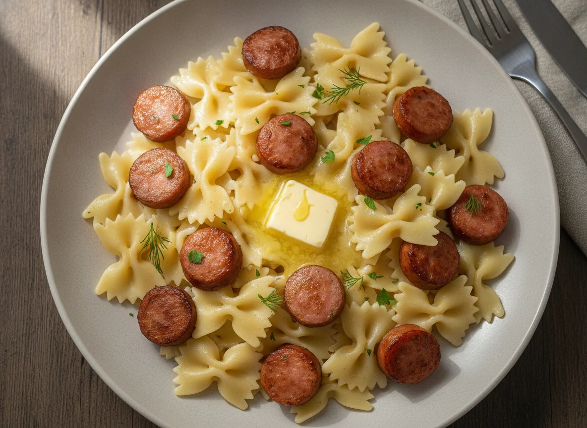 Макароны фарфалле с сосисками photo