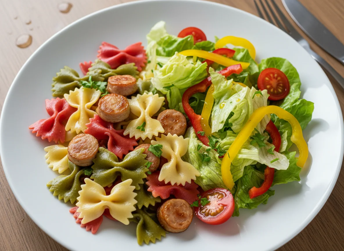 Макароны фарфалле с сосисками и овощной салат photo