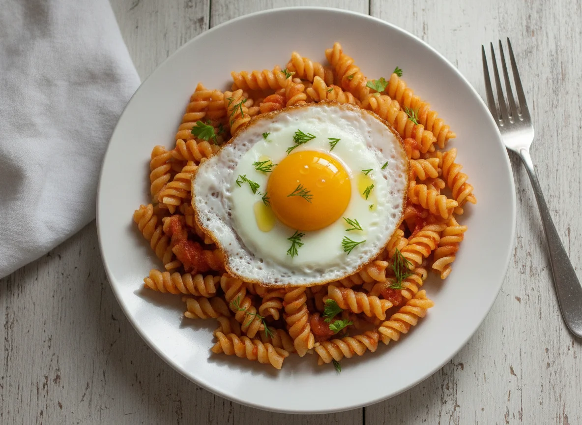 Макароны фузилли с яйцом и томатным соусом photo