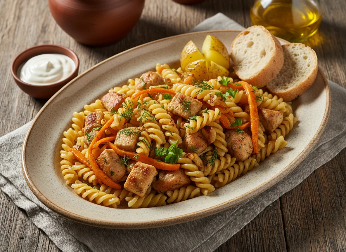 Макароны фузилли с курицей и овощами photo