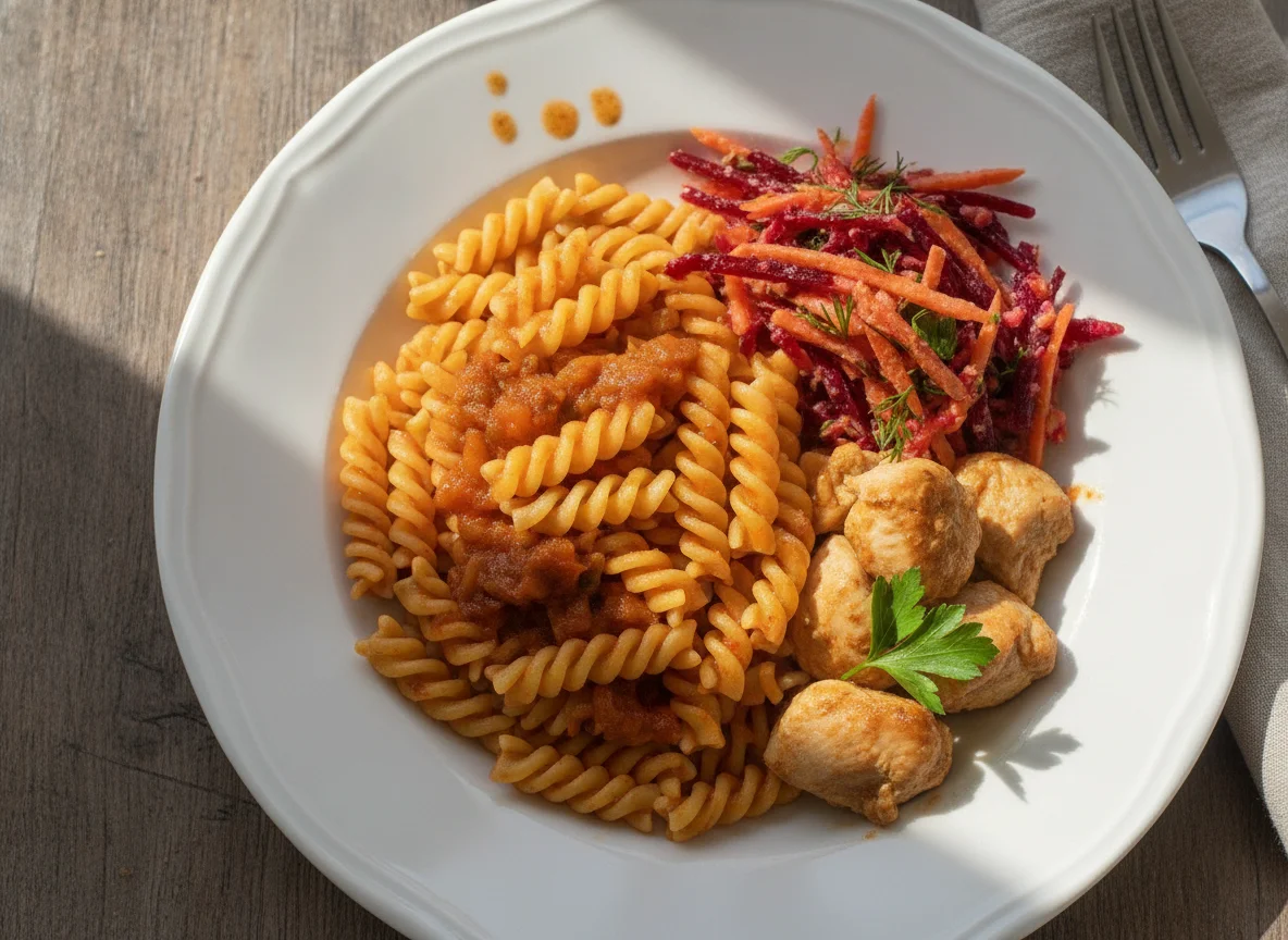 Макароны фузилли с курицей и овощным салатом photo
