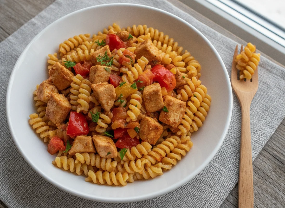 Макароны фузилли с курицей и овощным соусом photo