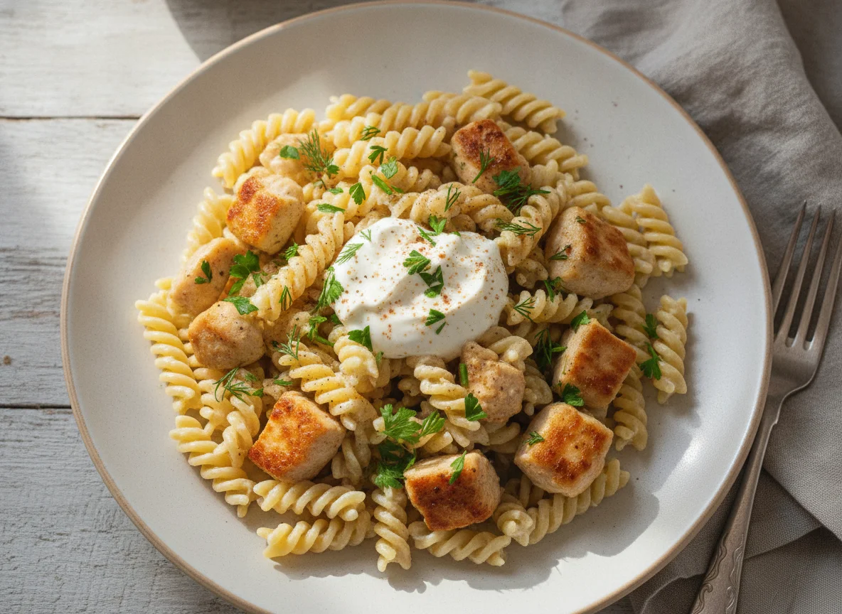 Макароны фузилли с курицей в сливочном соусе photo